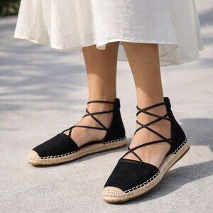 Eileen Fisher Black Suede Espadrille Flats Ankle Wrap Zip Women 8.5